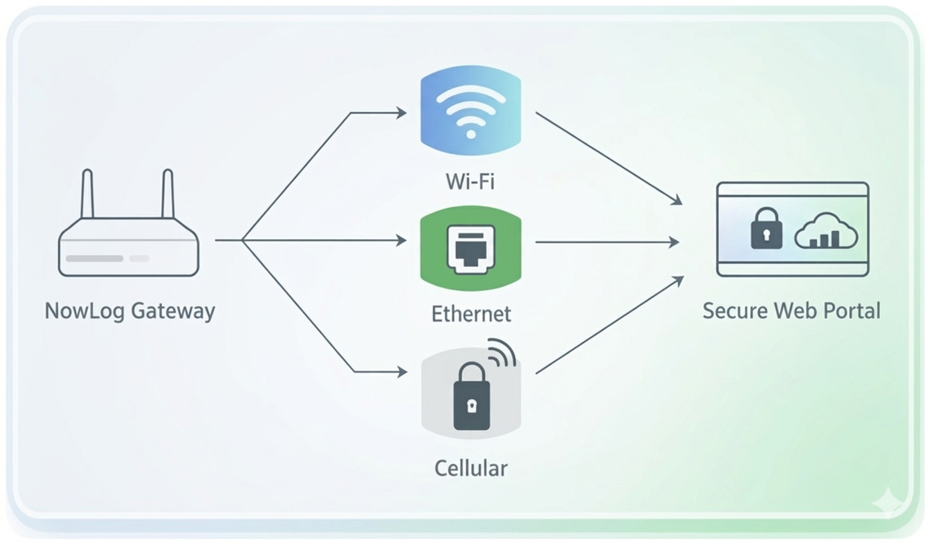 NowLog gateway connectivity options: Wi-Fi, Ethernet, or Cellular to secure web portal