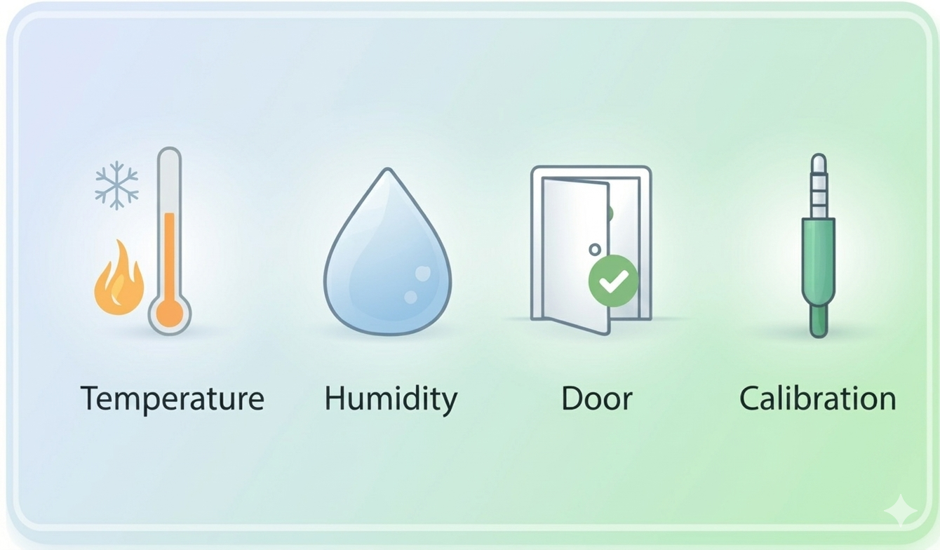 Data Point Sensors showing temperature, humidity, door sensing and calibration